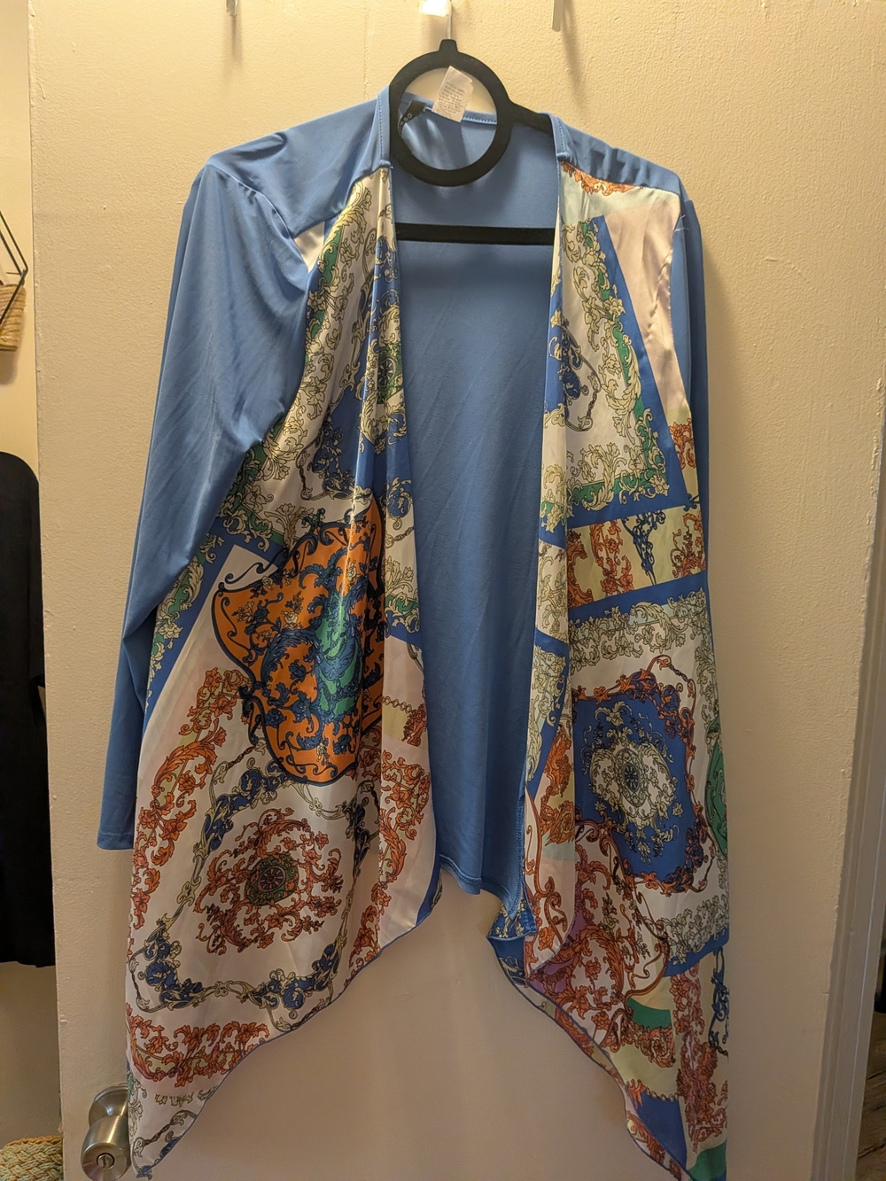 Light Blue Open-Front Draped Jacket with Printed Silk Panels